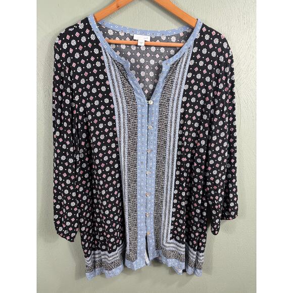 J Jill Women's Size XL Blue Printed 3/4 Sleeve Collarless Button Up Shirt Blouse - Picture 9 of 10